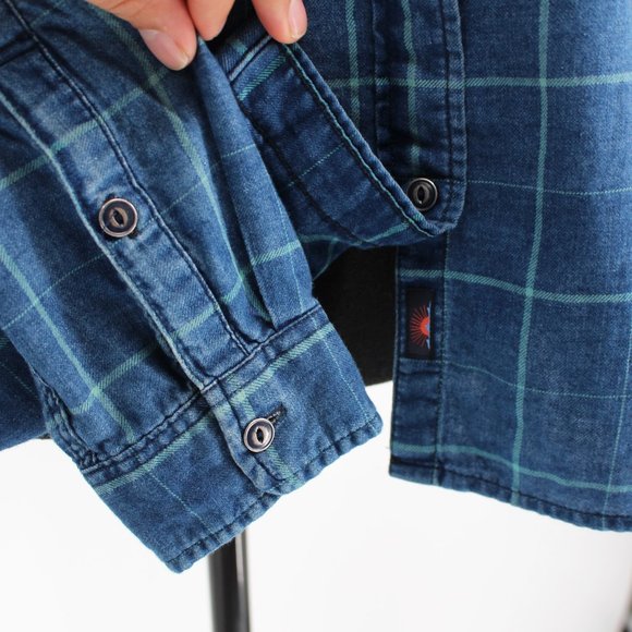 Faherty Windowpane Cotton Shirt Indigo Blue Green Plaid Button-Up Small - Picture 4 of 7